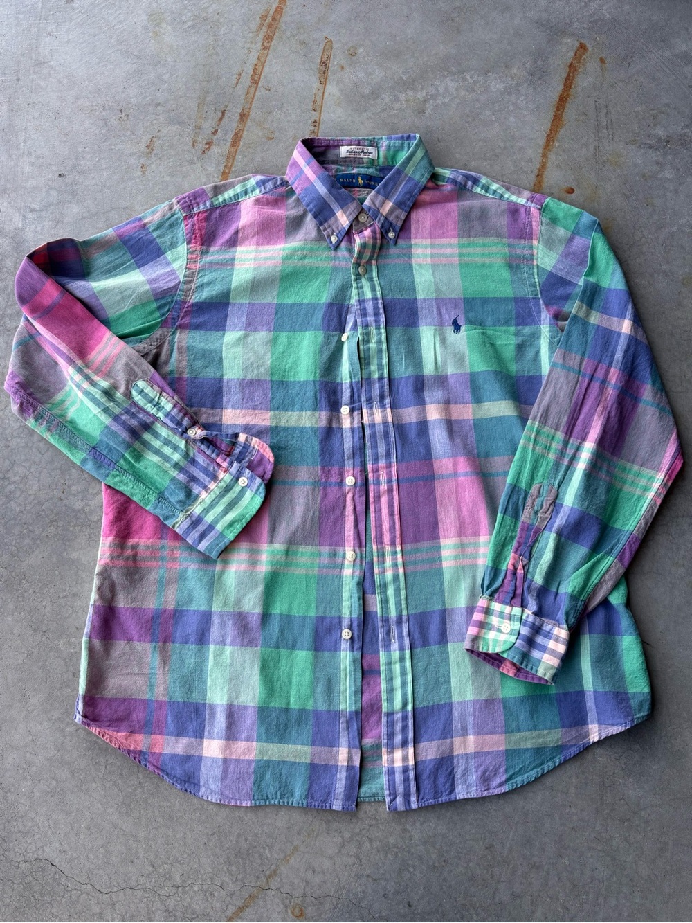 Ralph Lauren Indian Madras Men’s Plaid Shirt L Blue Green Purple Pink